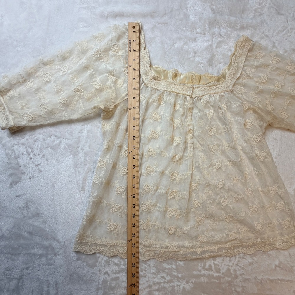 Cream Floral Lace Sheer Blouse Fairy Cottage Whimsy Square Neck Mesh Top - Picture 7 of 9